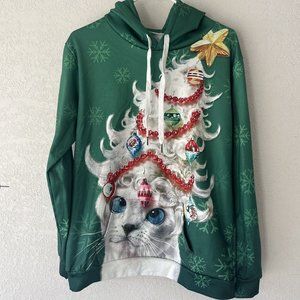 Pullover Cat Tree Christmas Long Sleeve Hoodie wIth Pockets Mens Sz Large